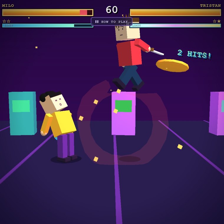 KidBits V.S. Battle gameplay: Tristan lands a two hit combo on Milo in a neon arcade arena with health and limit bars