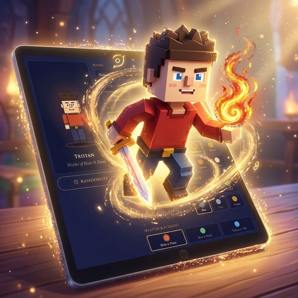 A child's custom game character bursting out of a tablet screen, wielding a glowing sword and a fireball, with the character creator visible behind him
