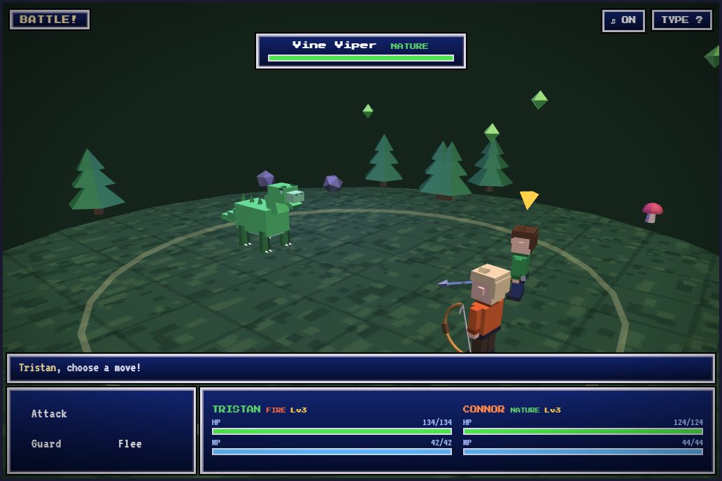 The turn-based battle menu showing Attack and Guard with health bars for Tristan and Connor