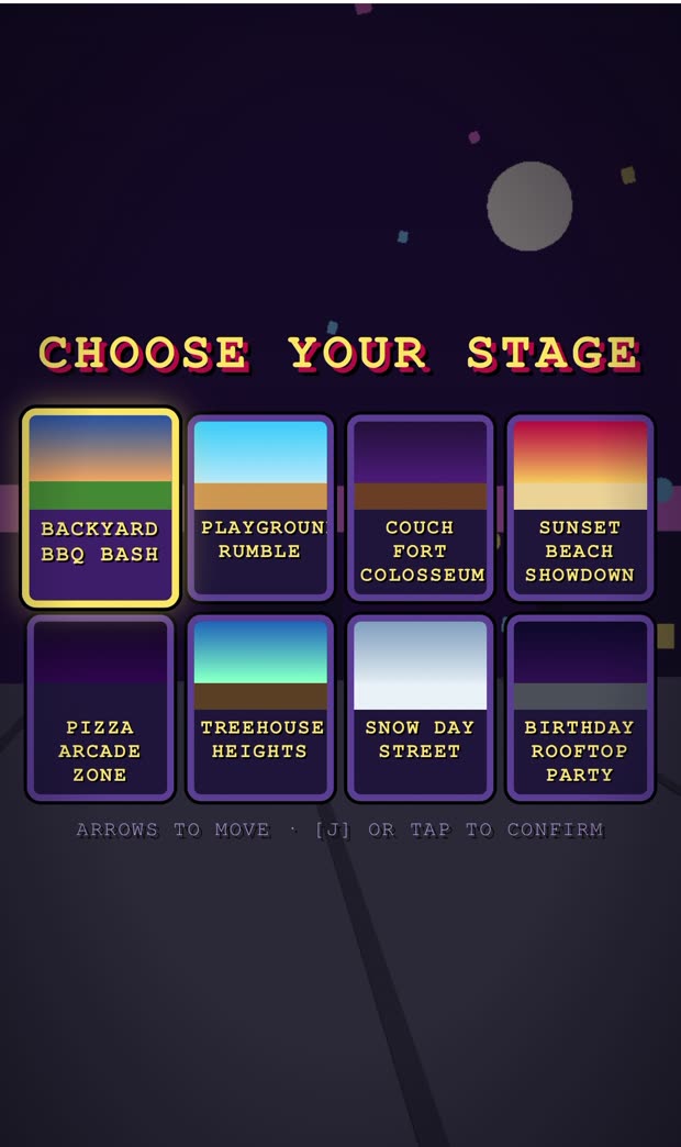 The stage select screen showing eight stages including Backyard BBQ Bash and Pizza Arcade Zone
