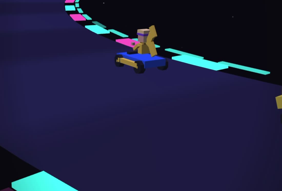 A kart on a dark neon circuit lit by glowing boost strips