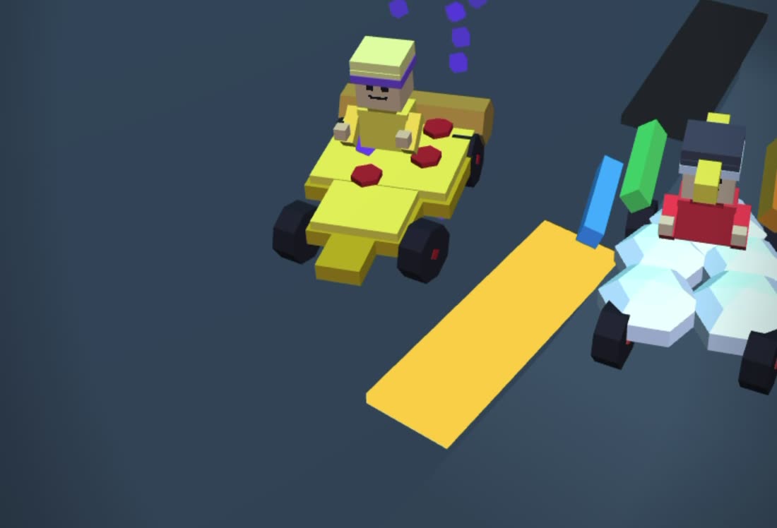 Two karts running side by side on a night circuit, one throwing a banana