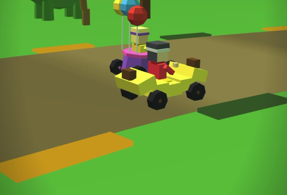 A kart trailing balloons along a green circuit past a dinosaur
