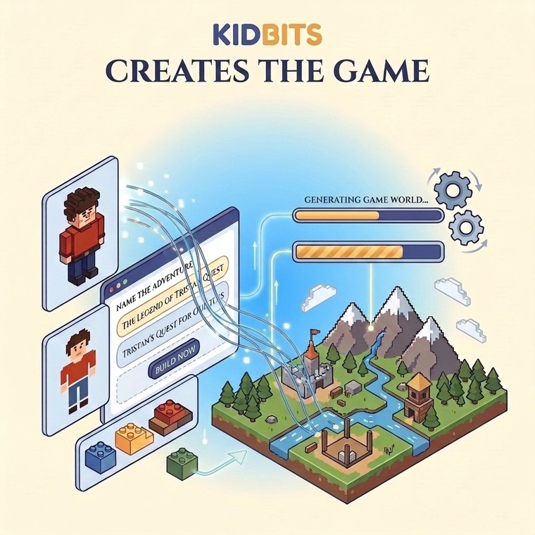 An illustration of KidBits assembling a custom game world from the characters and choices submitted