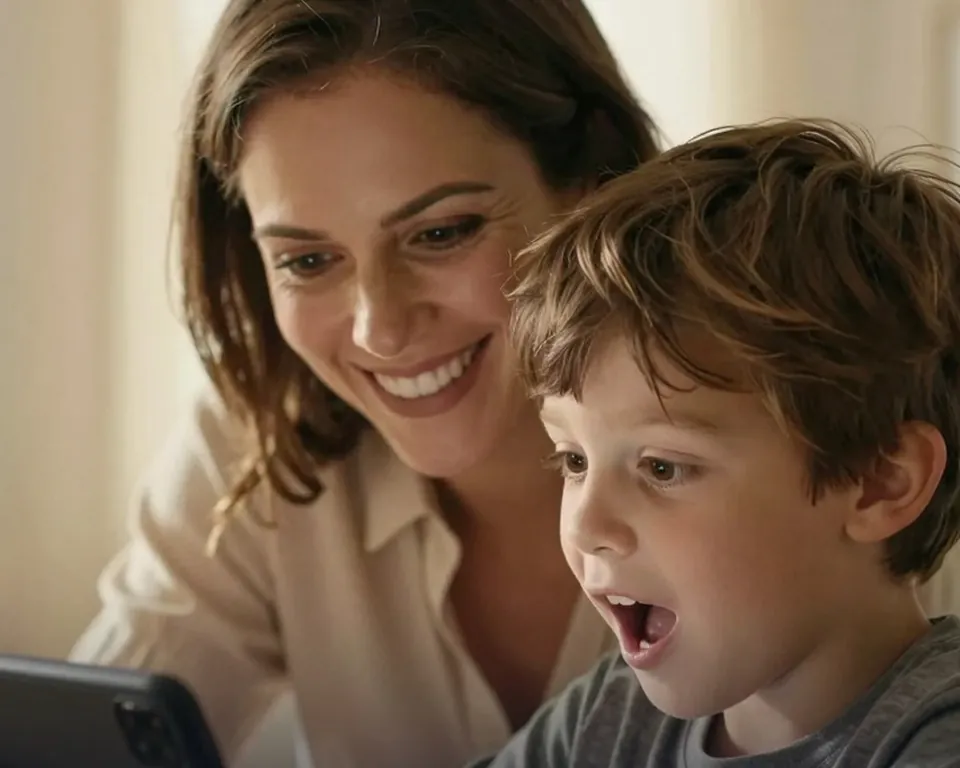 A boy gasps with delight at a game on his mom's phone