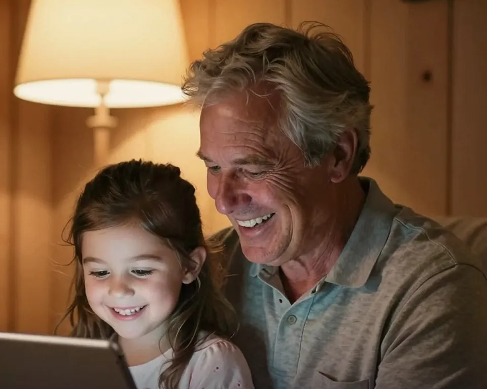 A grandfather and his granddaughter smile at a tablet together