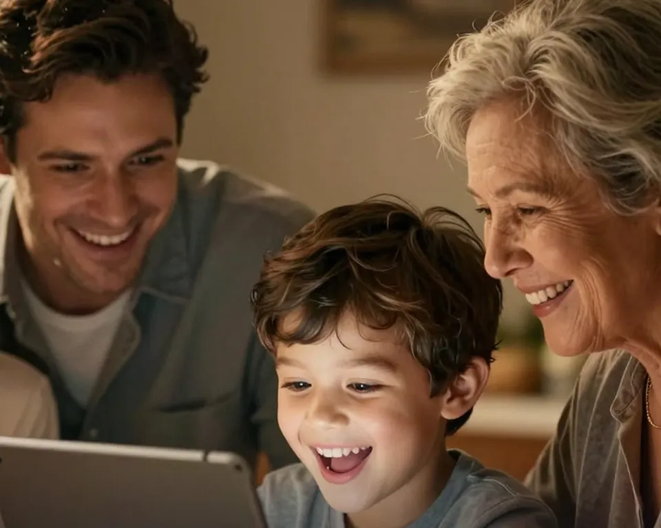 A boy laughs at a tablet with his dad and grandma beside him